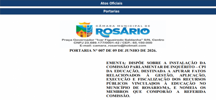 Câmara Municipal de Rosário instala CPI da Educação para apurar aplicação de recursos públicos